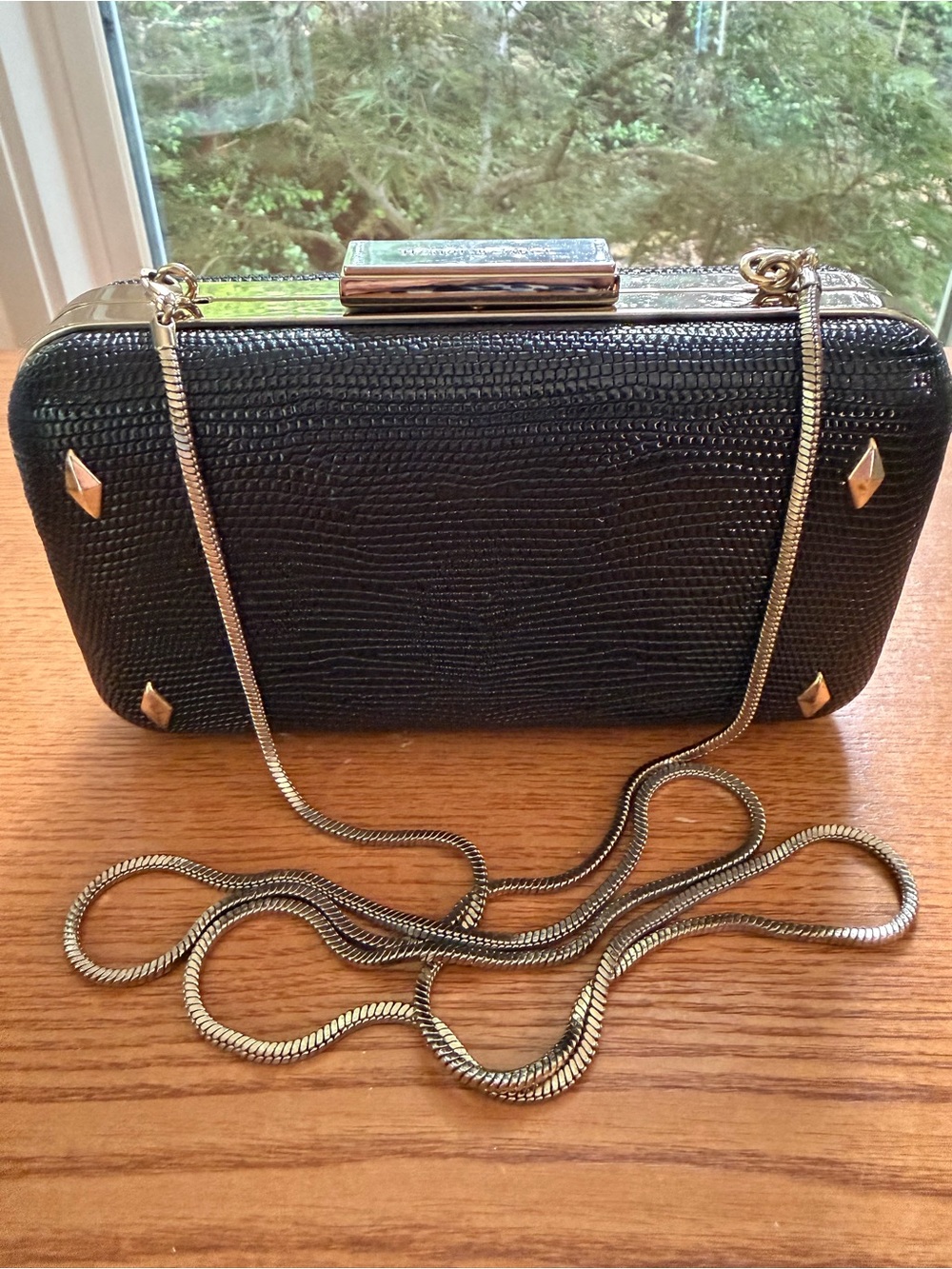 Henri Bendel Vintage Black Leather Minaudière Box Clutch with Chain